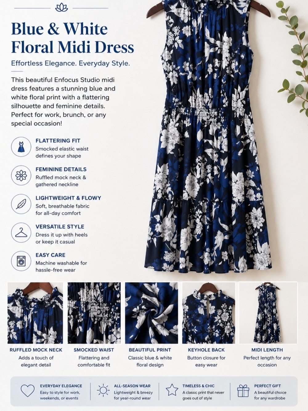 Enfocus Studio Navy and White Floral Midi Dress